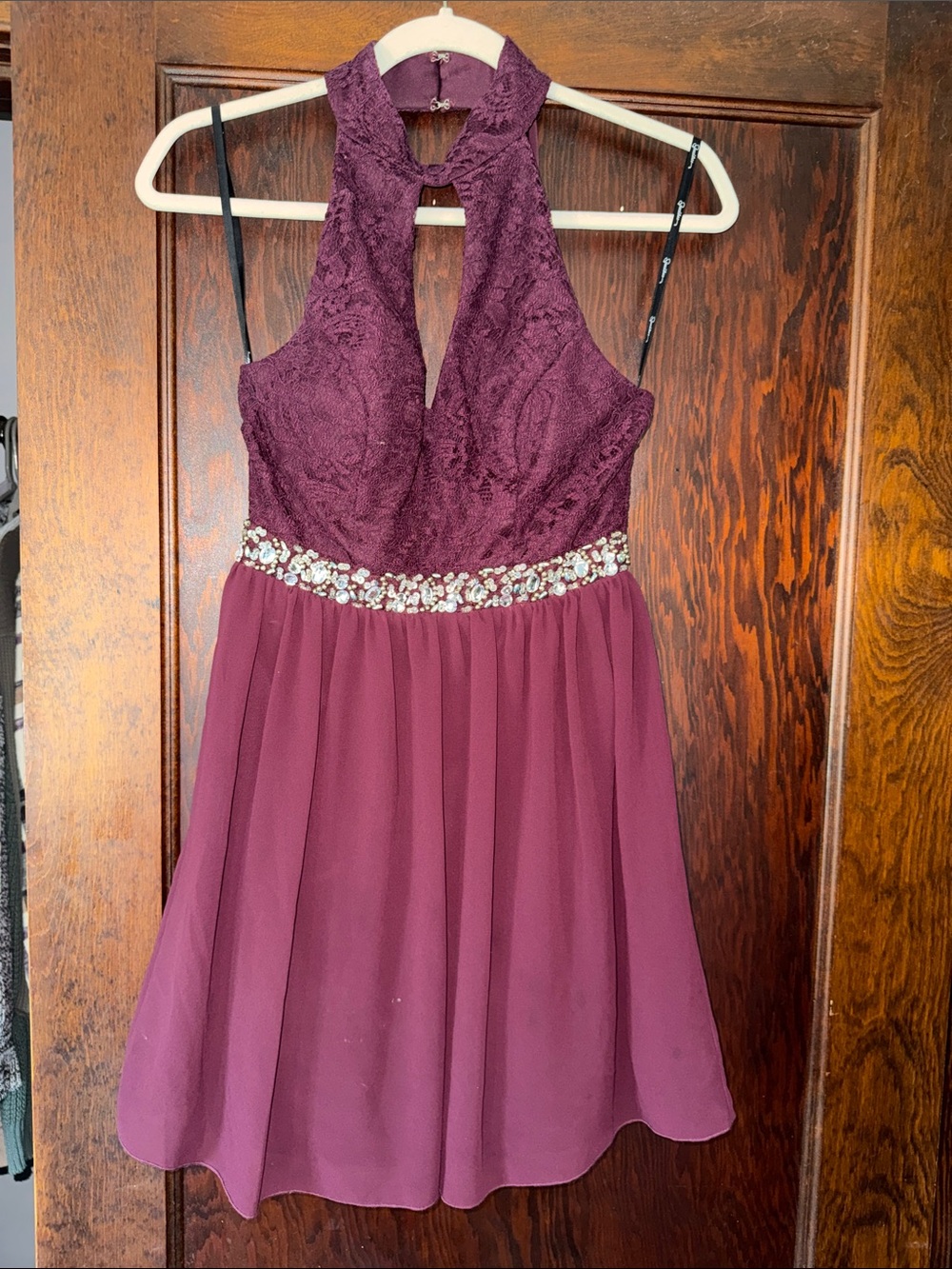 Halter Lace & Chiffon Dress in Wine with Embellished Waist and Strappy Back